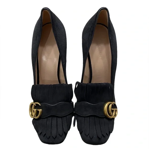 Gucci GG Marmont Fringe Suede Platform Heeled Pumps - Picture 2 of 7